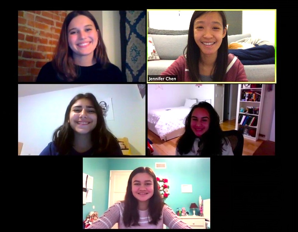 A screenshot of a World Learning virtual program, showing five women talking online.