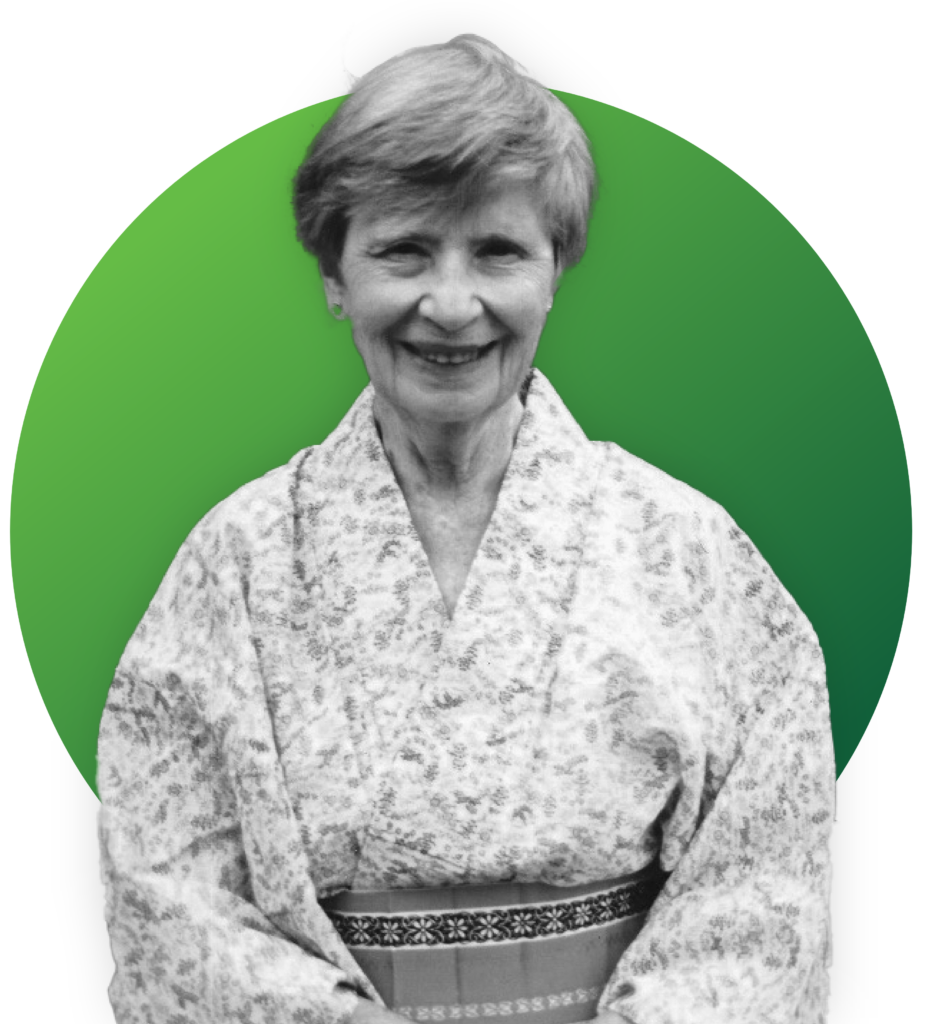 A black and white photo of a woman against a green circle.