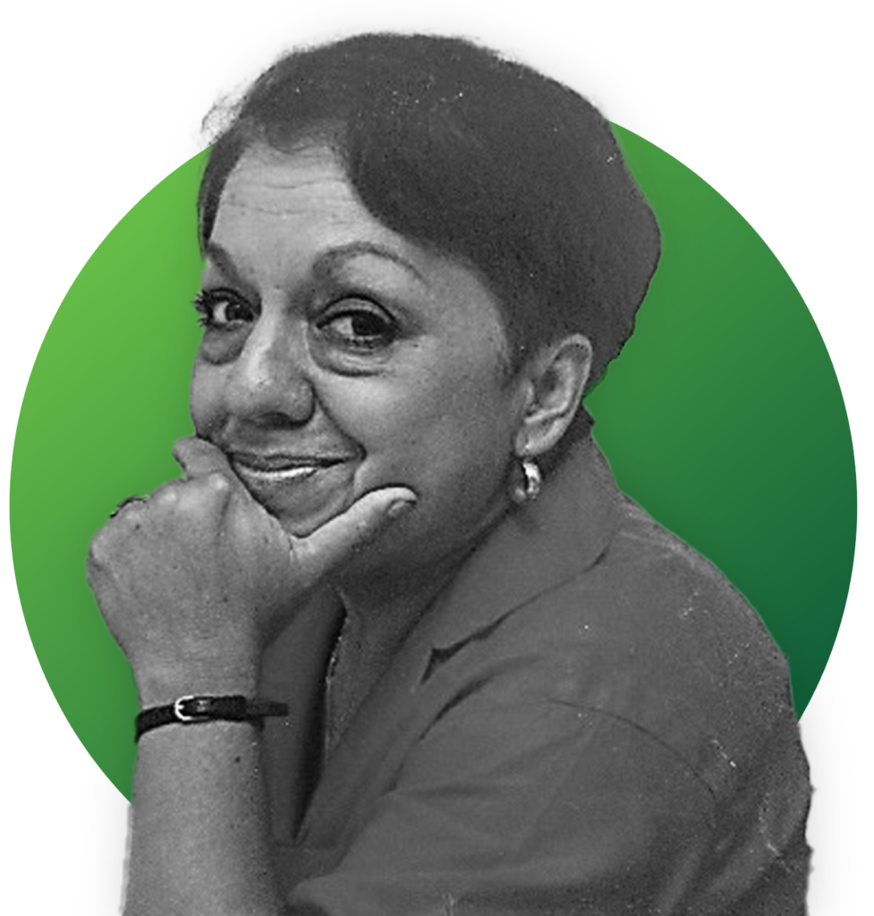 A black and white side profile of a woman against a green circle background.