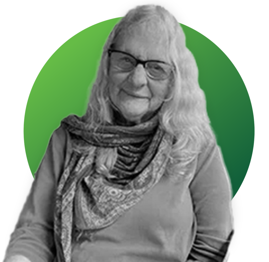 A black and white photo of a woman against a green circle background.